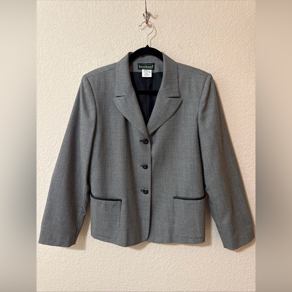 Herve Benard Women Houndstooth Wool Blazer Jacket Leather Pockets Trim Sz 14P